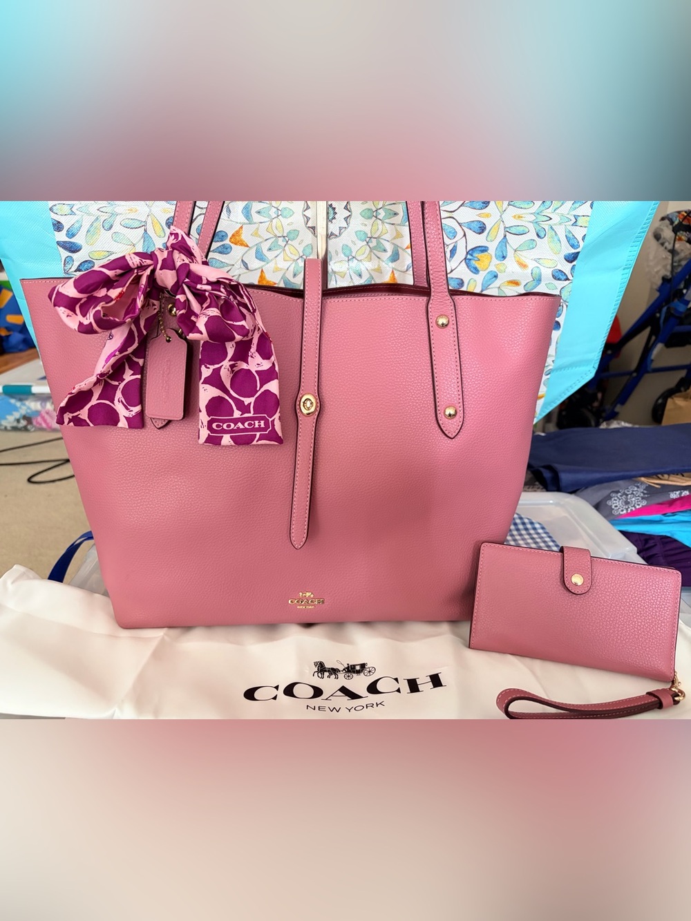 Coach Pink Pebbled Leather Tote with Matching Wallet and Scarf Accent